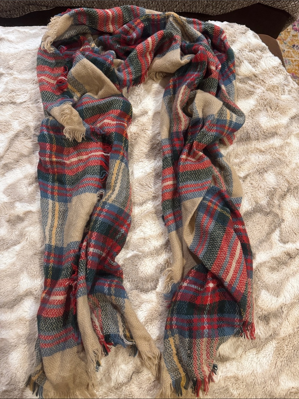 Buckle Plaid Fringe Wrap Scarf in Red, Blue & Tan